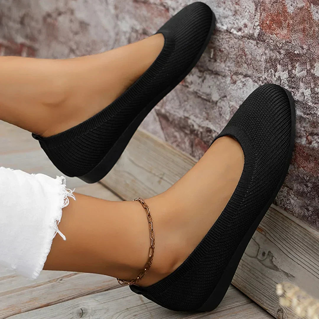 Ladies Ballerina Shoes - Elastic Knit Material - Comfortable - Low Slip On Flat