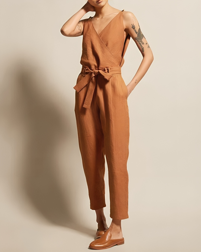 Women's Jumpsuit - Linen Cotton - Tailored Fit - Sleeveless with Wrap V-Neck
