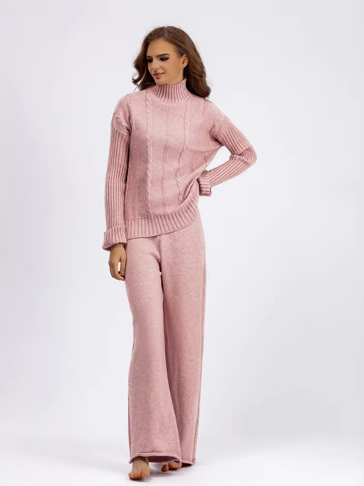 Women's Knitted Set - Chunky Turtleneck Sweater & Wide Pants - Comfortable Fit