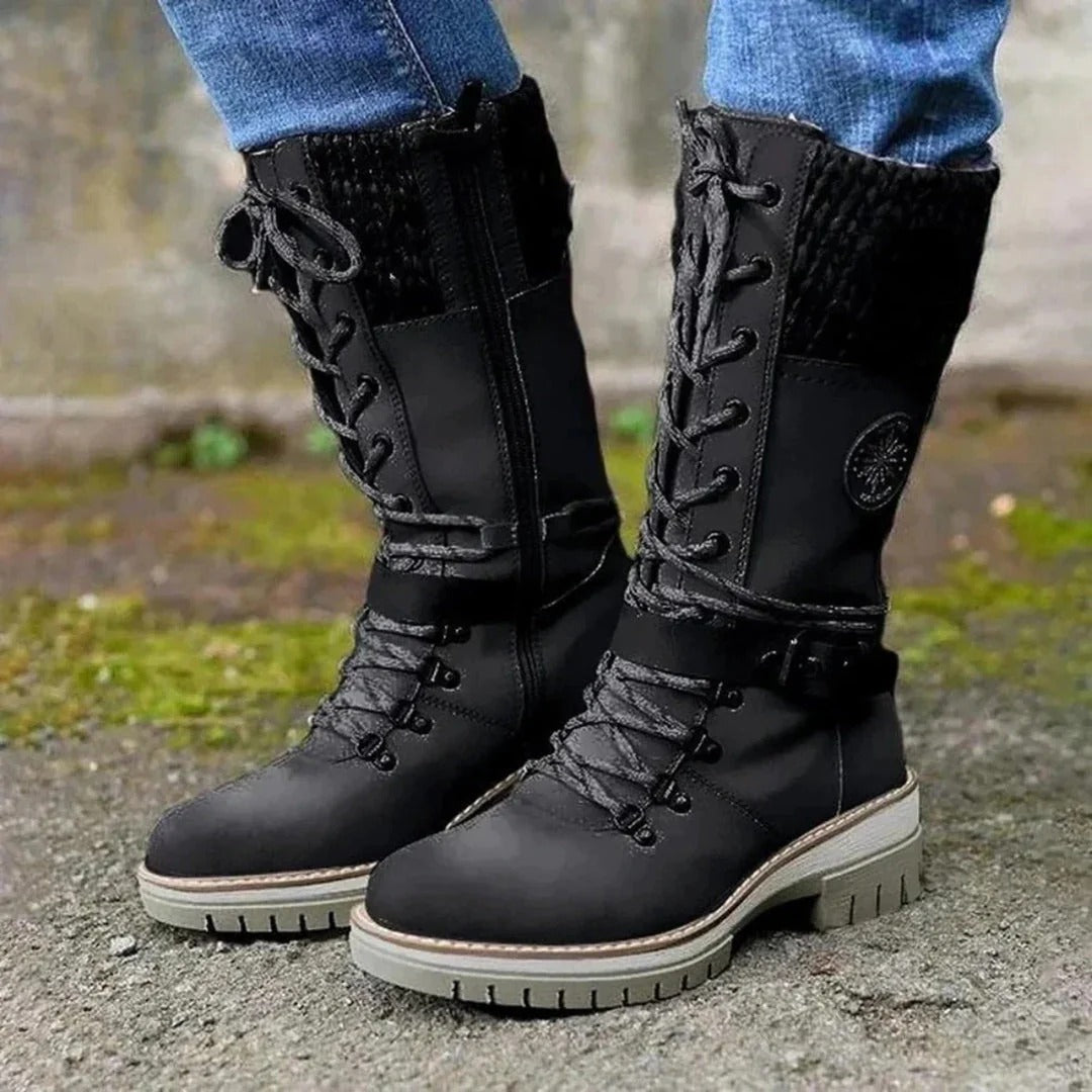 Women's knee boots – Wool-knit cuff – Lace-up closure – Side zip – Biker sole