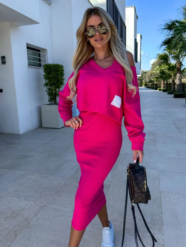 Women's Sweatshirt Dress Set – Slim Fit – Midi Length – V-Neck – Soft Cotton Blend