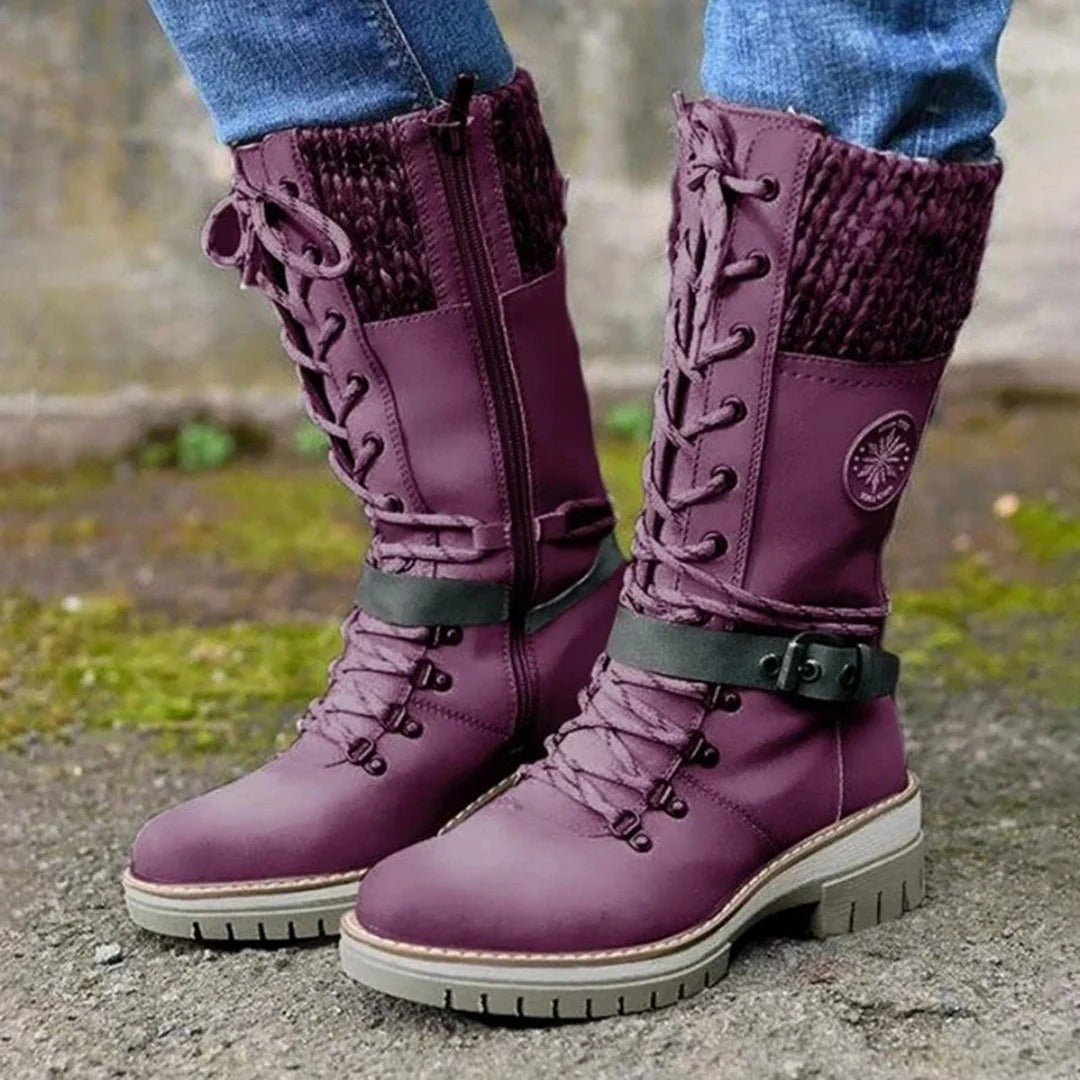 Women's knee boots – Wool-knit cuff – Lace-up closure – Side zip – Biker sole