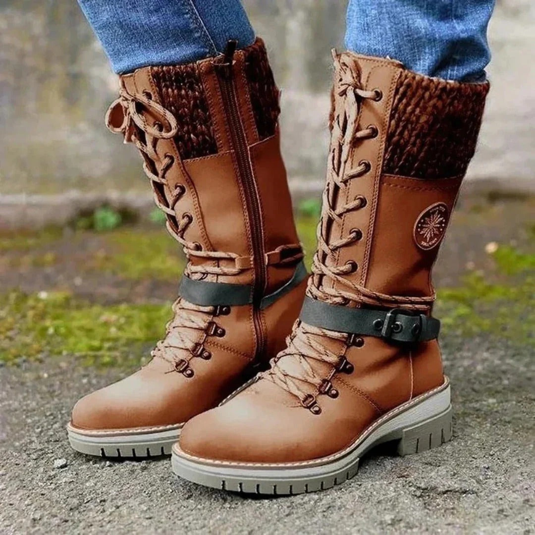 Women's knee boots – Wool-knit cuff – Lace-up closure – Side zip – Biker sole