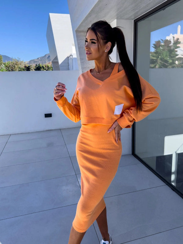 Women's Sweatshirt Dress Set – Slim Fit – Midi Length – V-Neck – Soft Cotton Blend