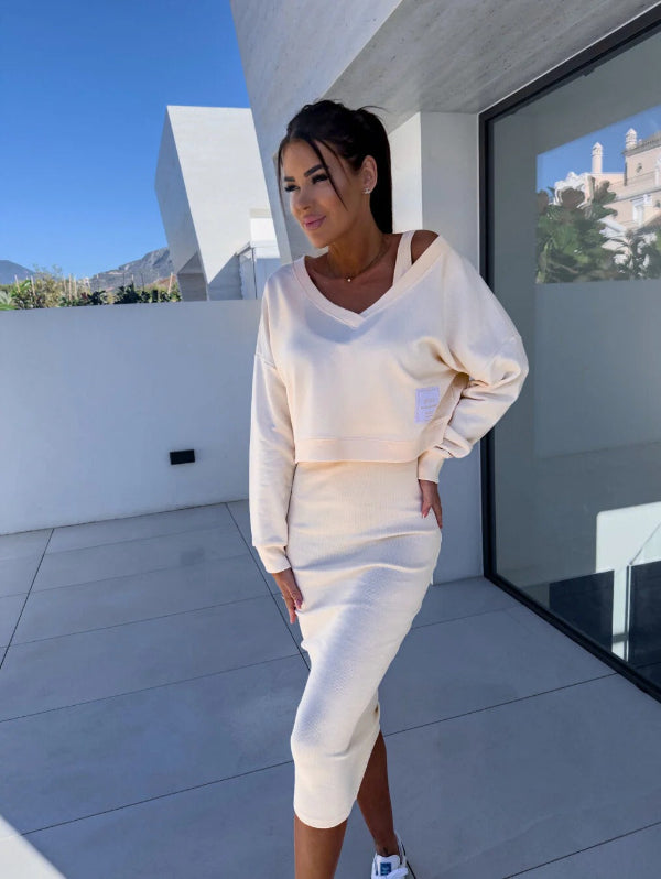 Women's Sweatshirt Dress Set – Slim Fit – Midi Length – V-Neck – Soft Cotton Blend