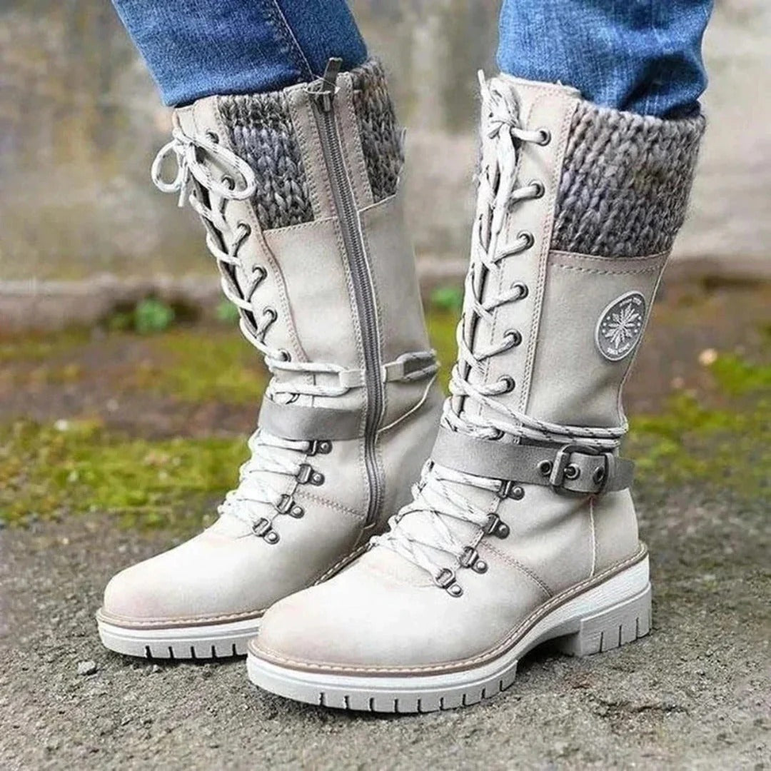 Women's knee boots – Wool-knit cuff – Lace-up closure – Side zip – Biker sole