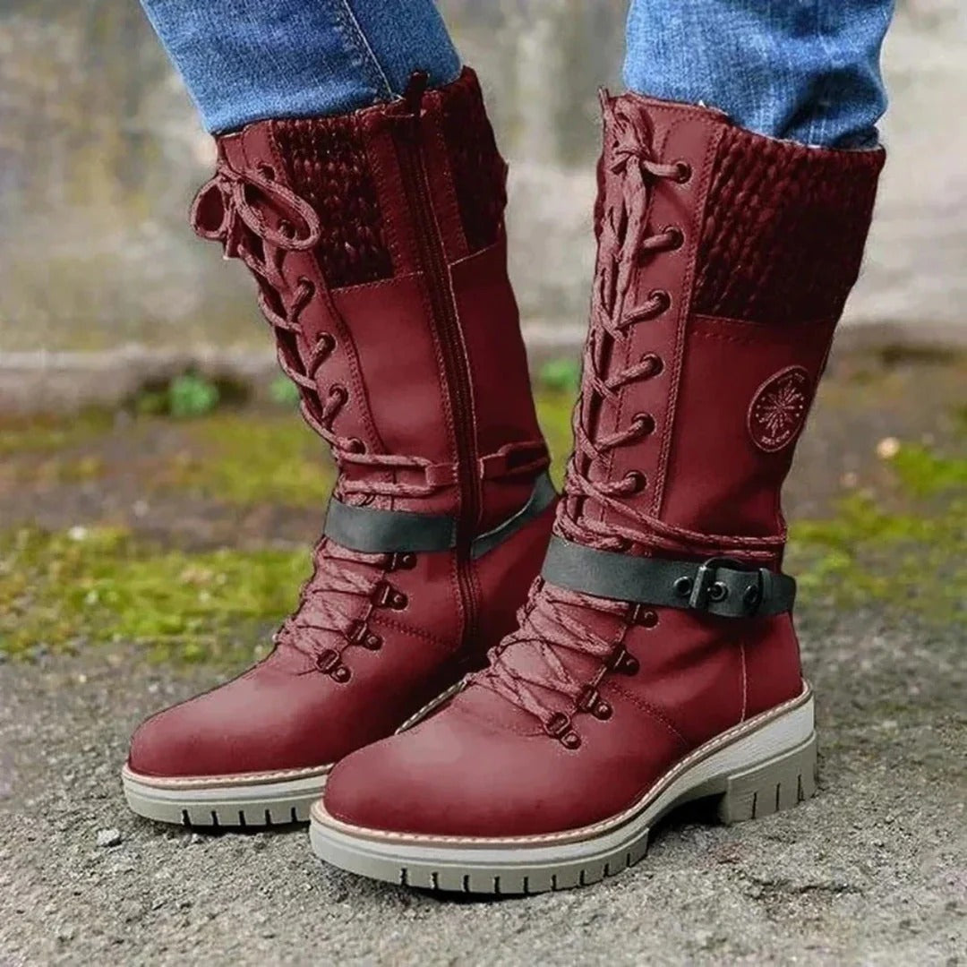 Women's knee boots – Wool-knit cuff – Lace-up closure – Side zip – Biker sole