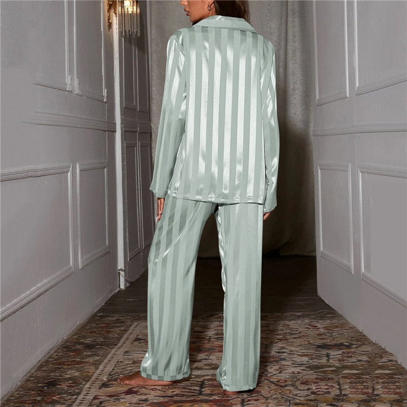 Ladies Pyjama Set - Satin Fabric - Long Sleeve - Striped Luxury Nightwear
