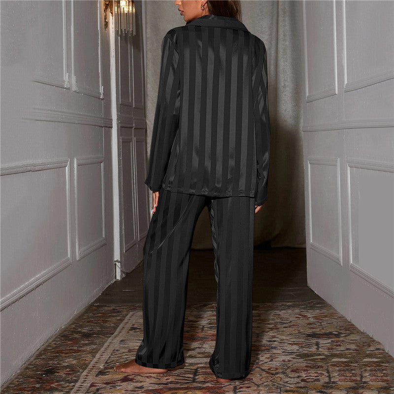 Ladies Pyjama Set - Satin Fabric - Long Sleeve - Striped Luxury Nightwear