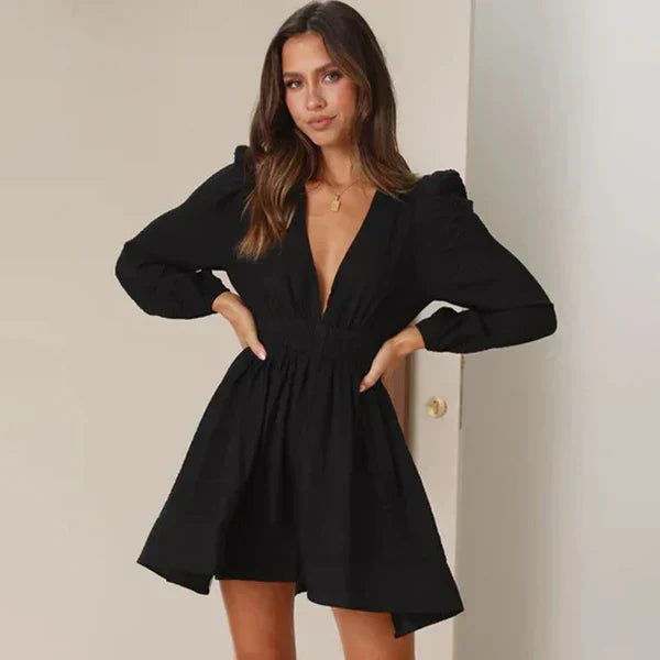 Women's Playsuit - Elegant Long Sleeves - Deep V-Neck - Tailored Fit