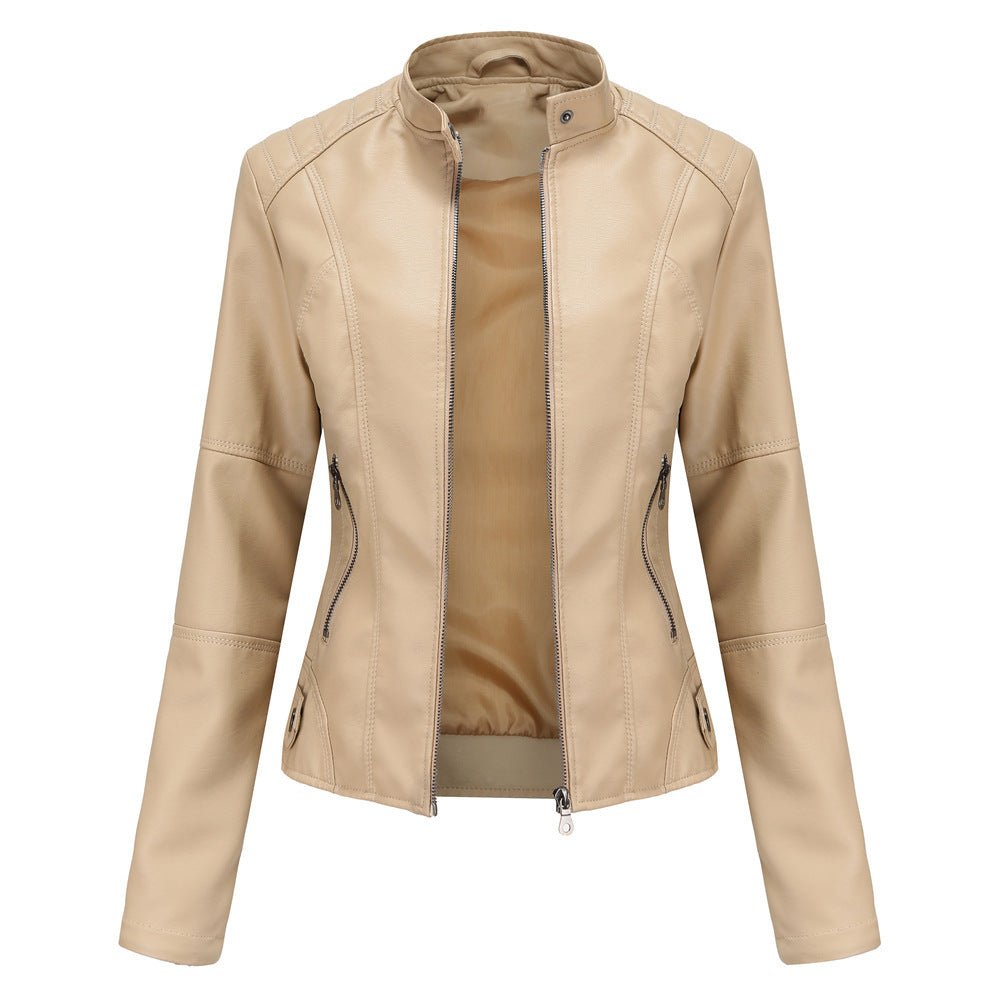 Women's leather jacket – Fitted model – Stand-up collar – Zipped pockets – Long sleeve
