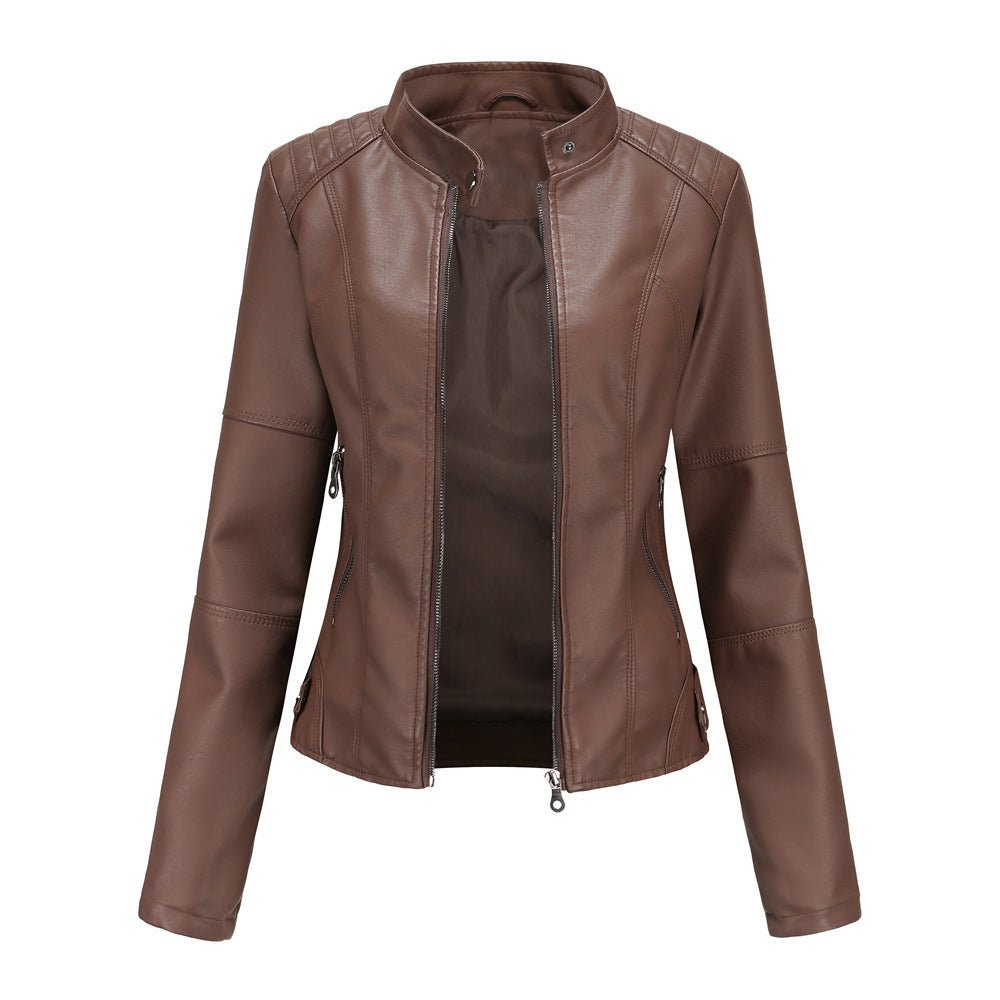 Women's leather jacket – Fitted model – Stand-up collar – Zipped pockets – Long sleeve