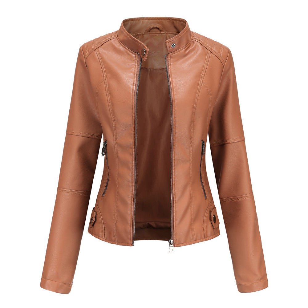 Women's leather jacket – Fitted model – Stand-up collar – Zipped pockets – Long sleeve