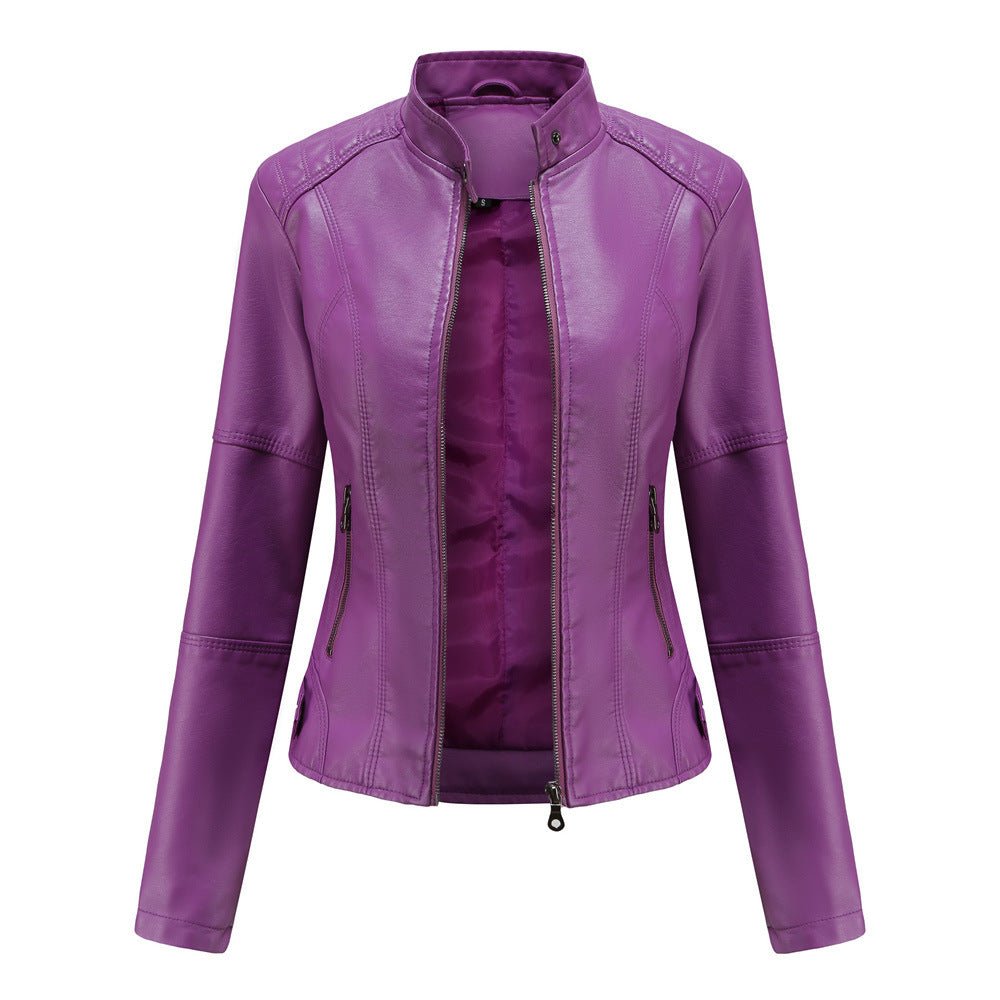 Women's leather jacket – Fitted model – Stand-up collar – Zipped pockets – Long sleeve