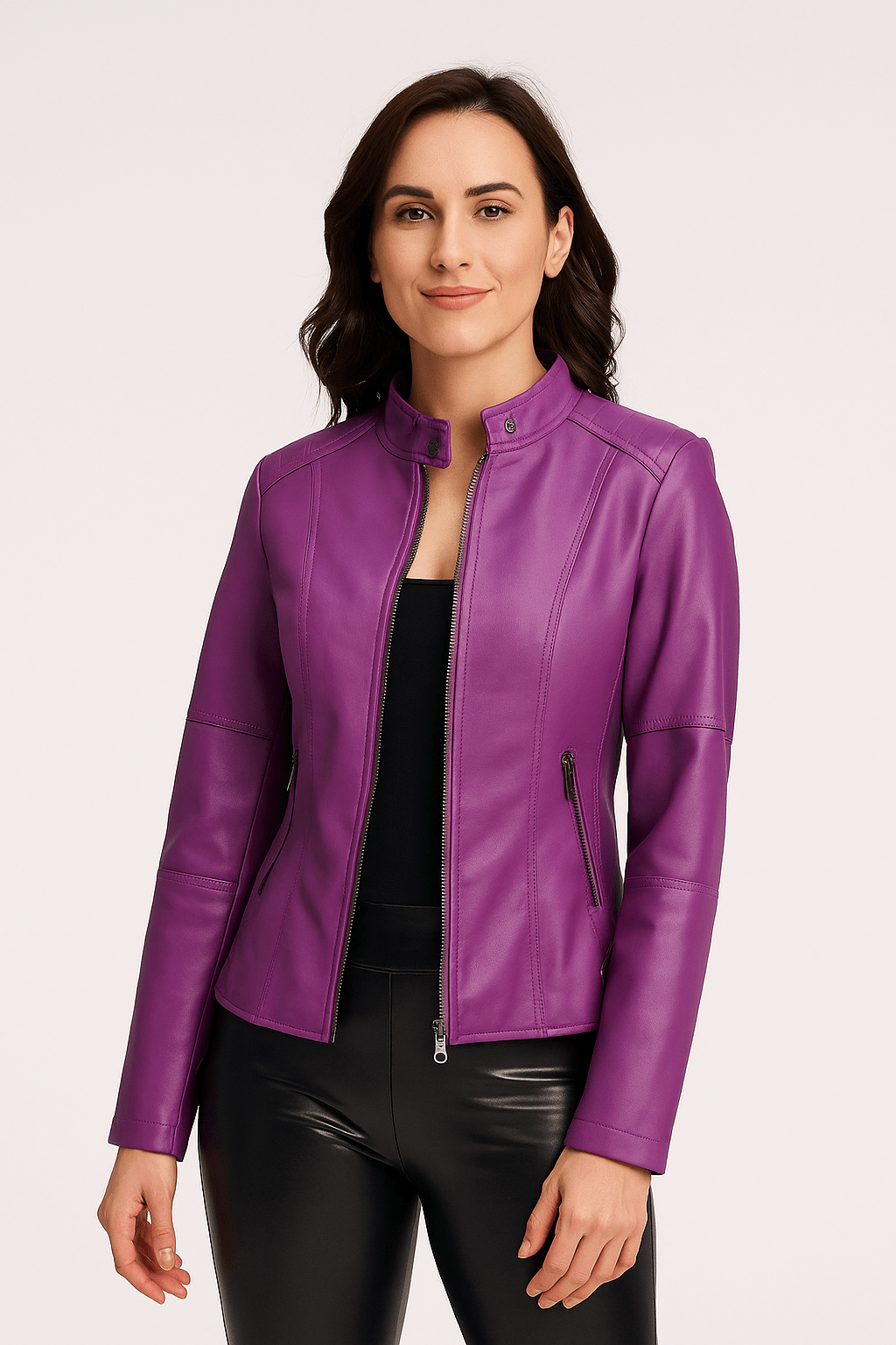 Women's leather jacket – Fitted model – Stand-up collar – Zipped pockets – Long sleeve