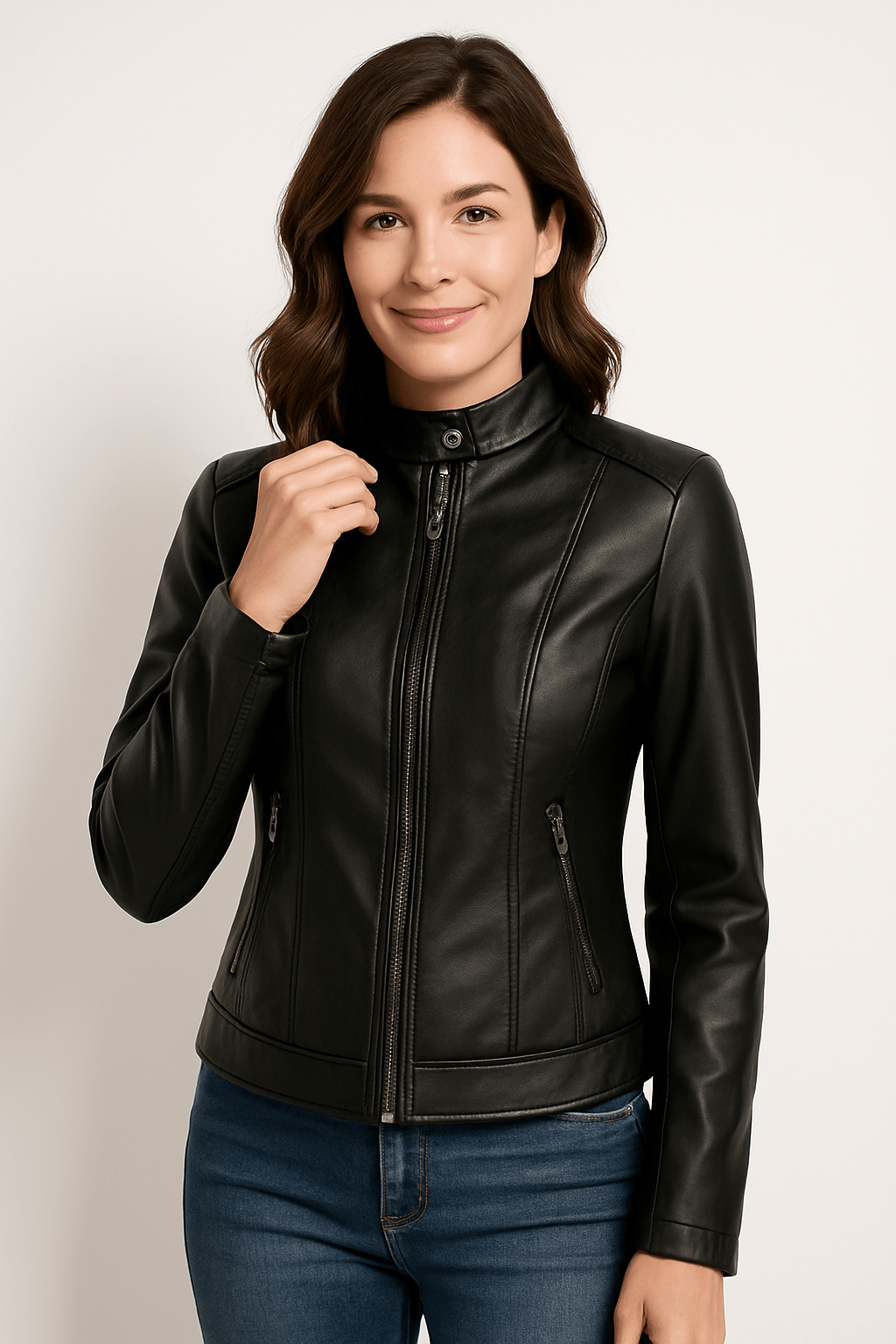 Women's leather jacket – Fitted model – Stand-up collar – Zipped pockets – Long sleeve