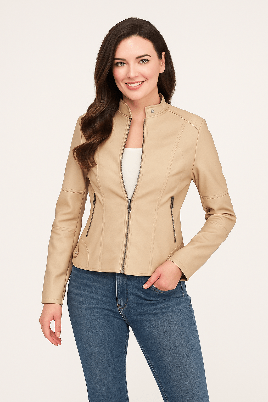 Women's leather jacket – Fitted model – Stand-up collar – Zipped pockets – Long sleeve