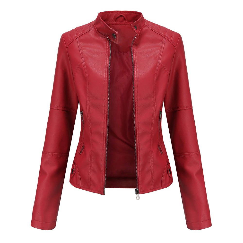 Women's leather jacket – Fitted model – Stand-up collar – Zipped pockets – Long sleeve