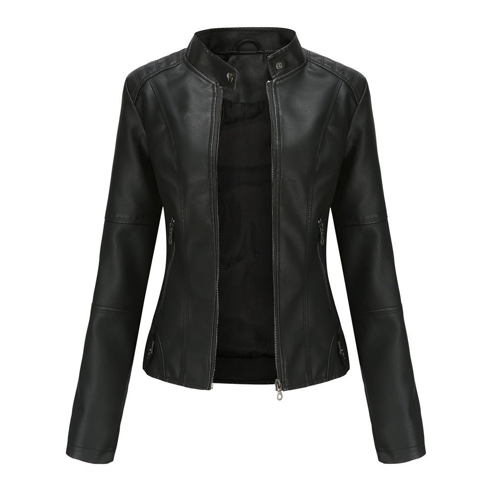 Women's leather jacket – Fitted model – Stand-up collar – Zipped pockets – Long sleeve