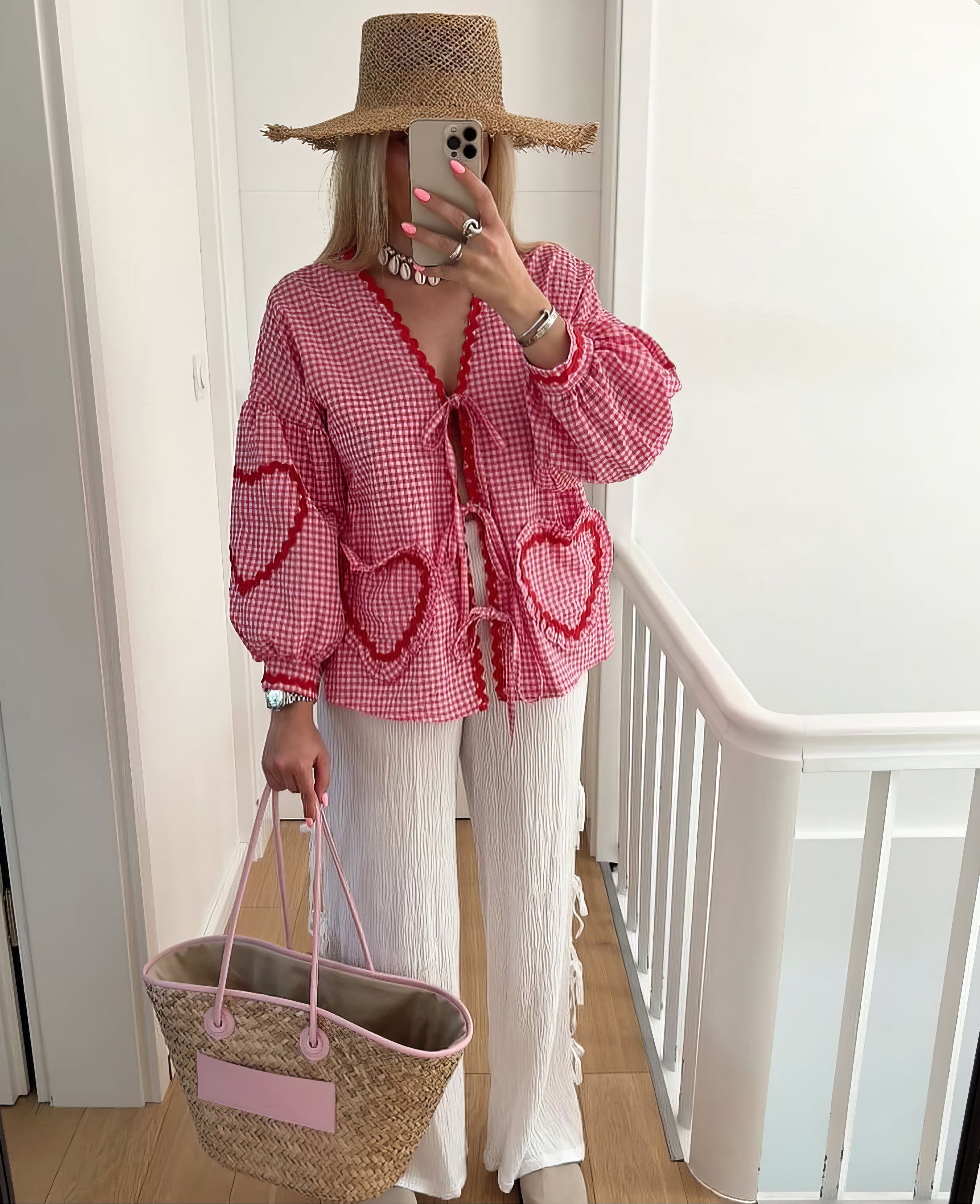 Women's Blouse - Gingham Check - Loose Fit - Ruffles - Front Tie Closure