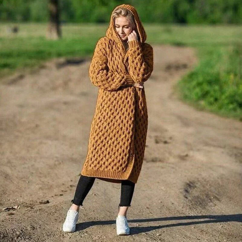 Women's Cardigan – Knitted – Oversized Fit – Hood – Cable Knit – Long Style