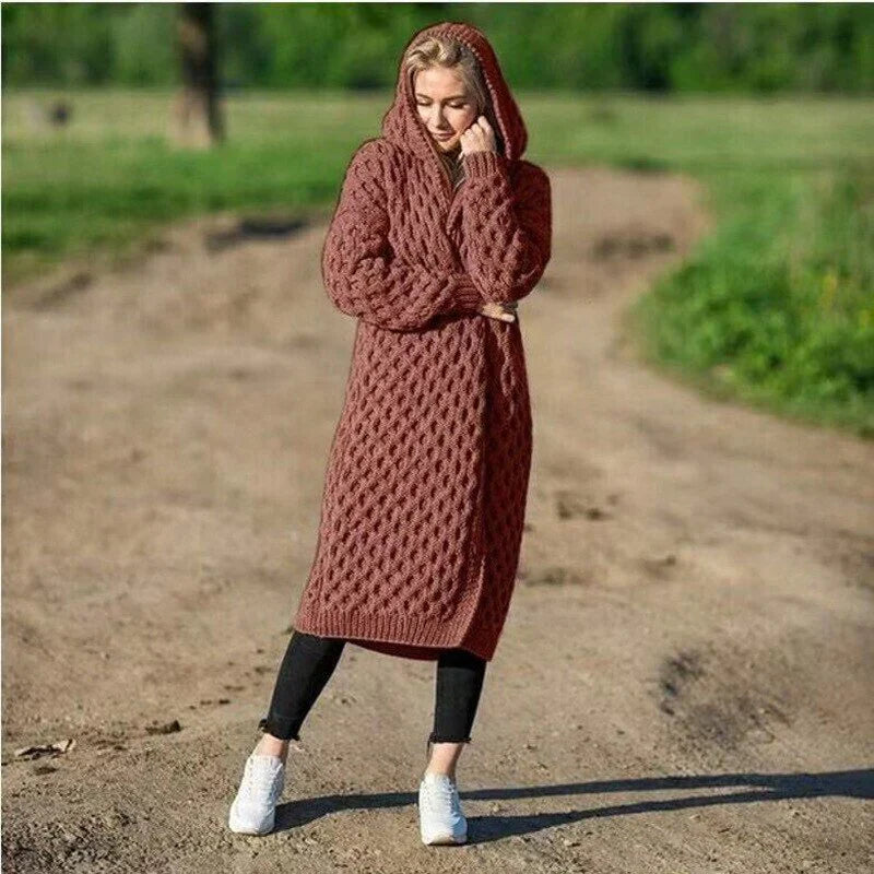 Women's Cardigan – Knitted – Oversized Fit – Hood – Cable Knit – Long Style
